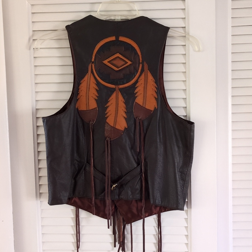 Vintage Mexican Leather Vest w/Fringe & Feather Applique. Sz M. Brown - Picture 3 of 11